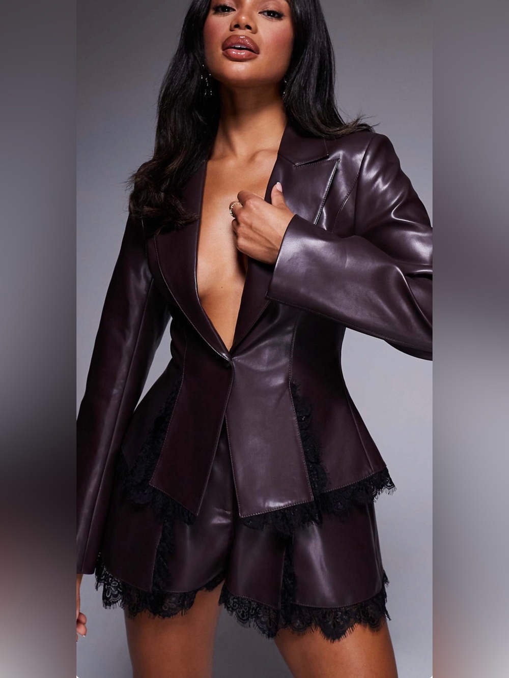 ASOS Women’s Faux Leather Blazer Set - Deep Plum - Picture 3 of 3